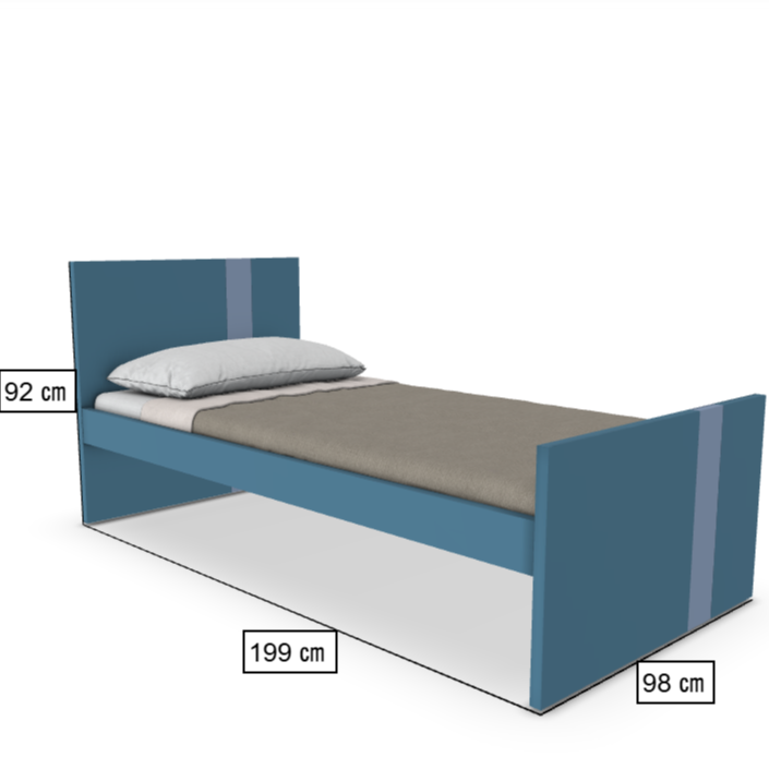 Blue bed frame with dimensions labeled on a white background