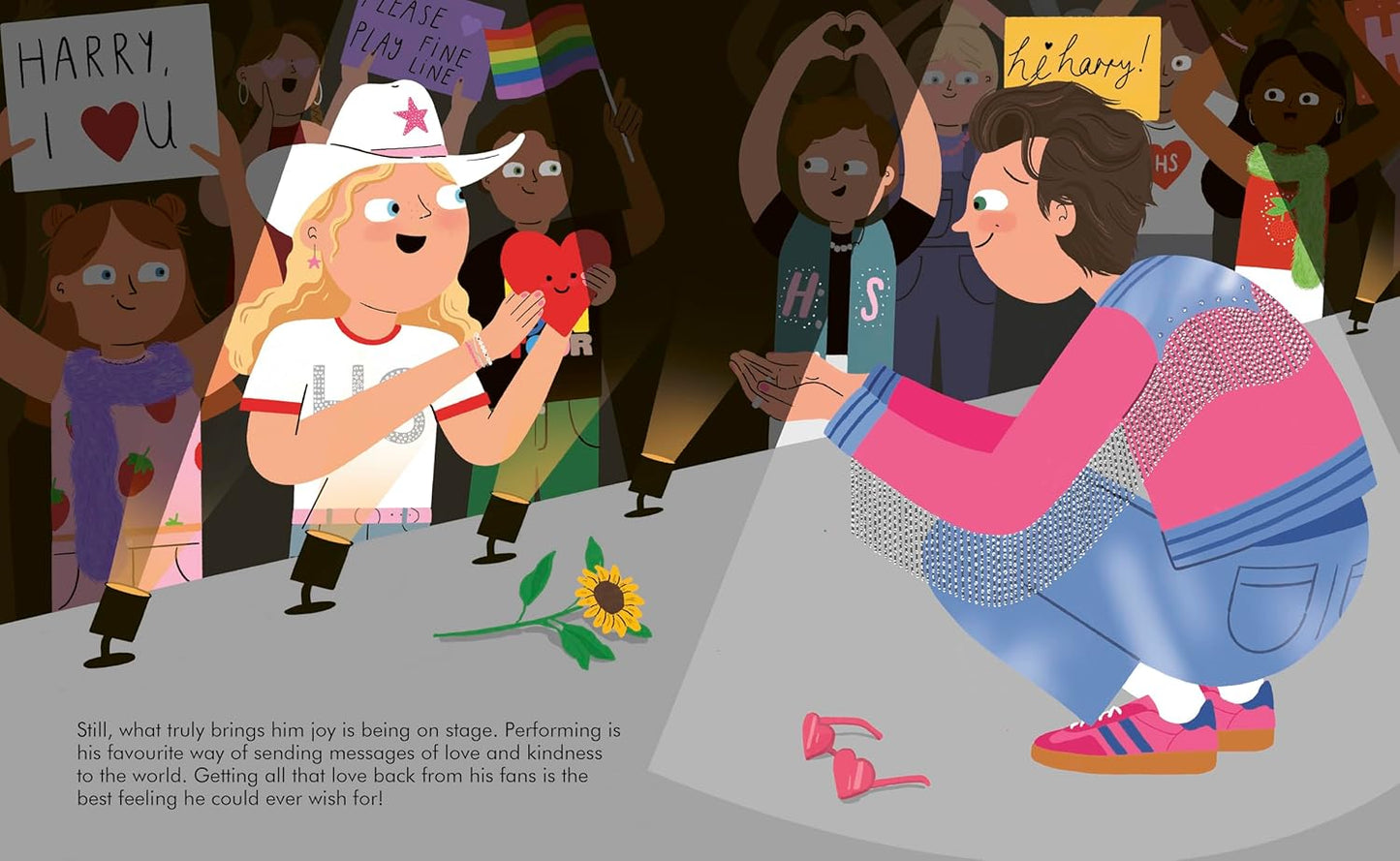 Illustration of a person taking a photo of another person with a flower, surrounded by people holding signs and flowers.