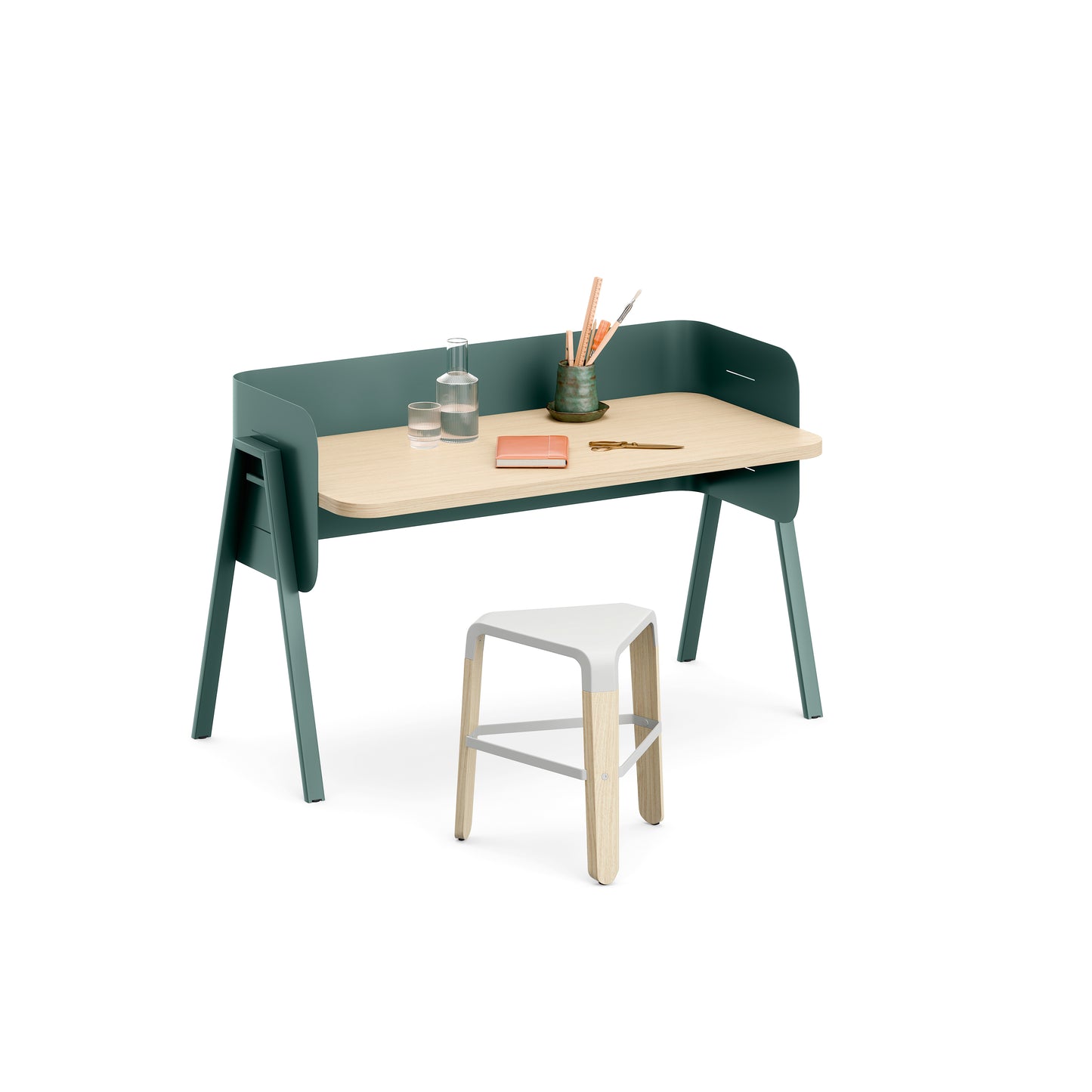 Green and wooden kids desk with a white stool on a white background