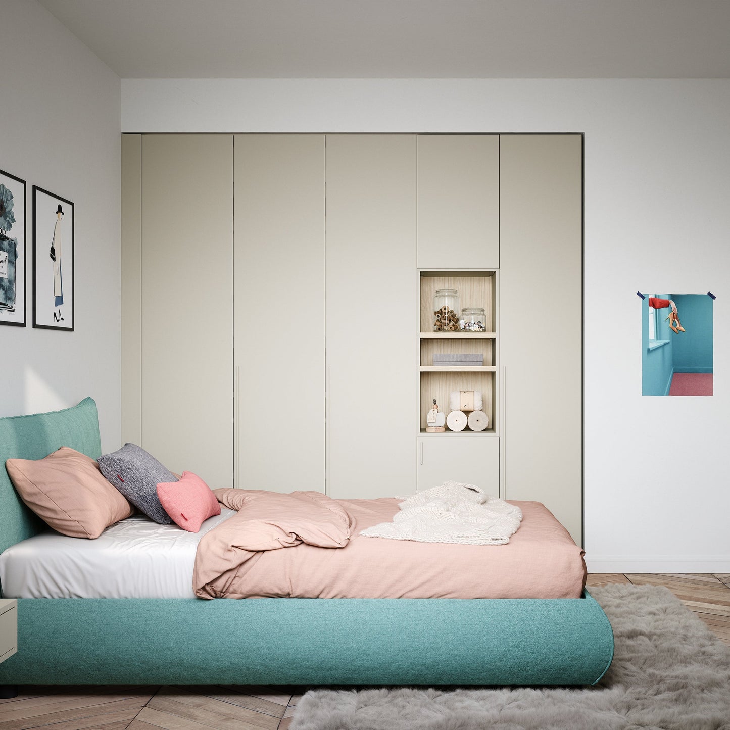 Modern bedroom with a bed, wardrobe, and decorative items.