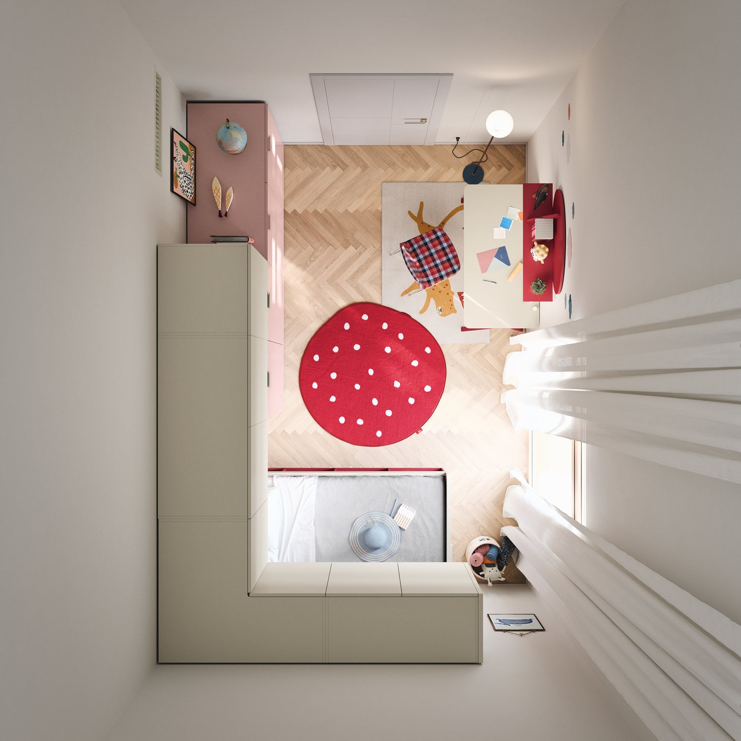 Top-view layout of Nidi Kids Space 10 bedroom showing modular wardrobes, study desk, and single bed arrangement