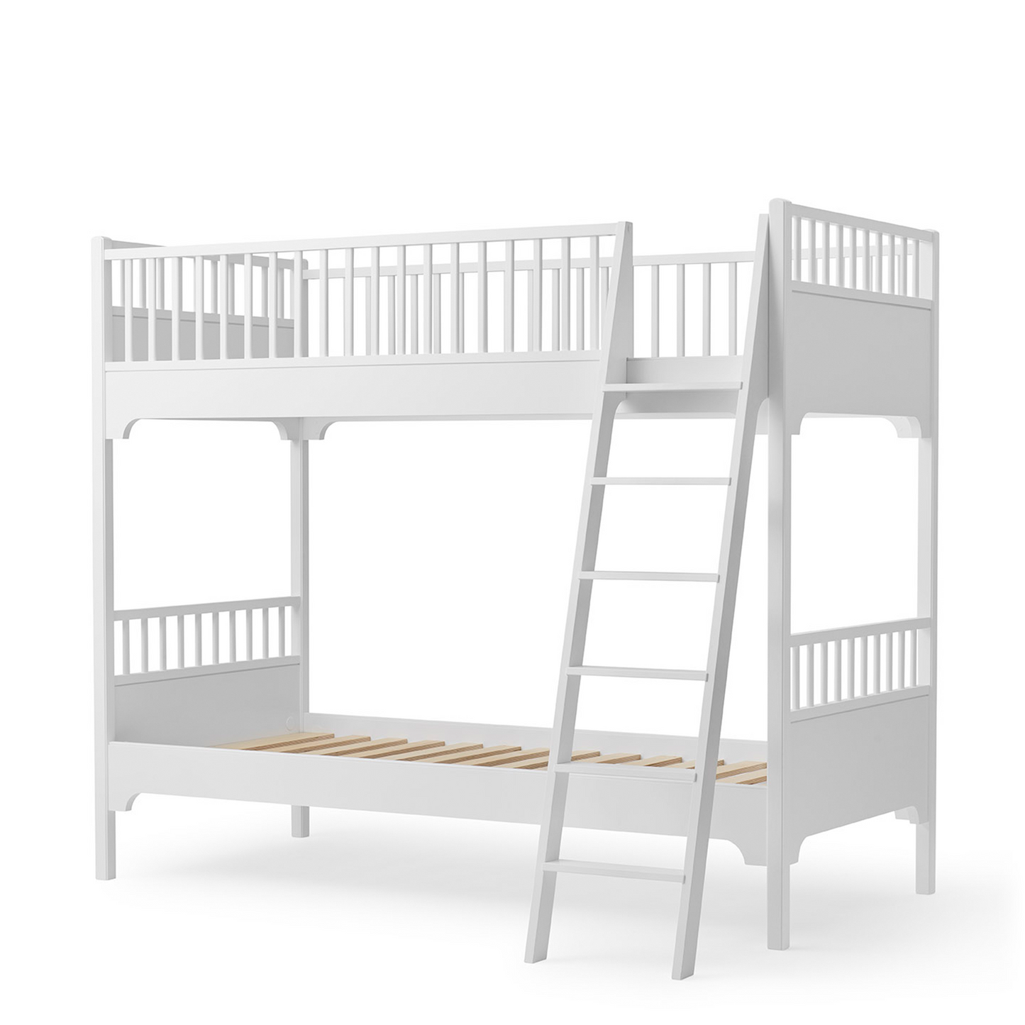 White wooden bunk bed with a ladder on a white background
