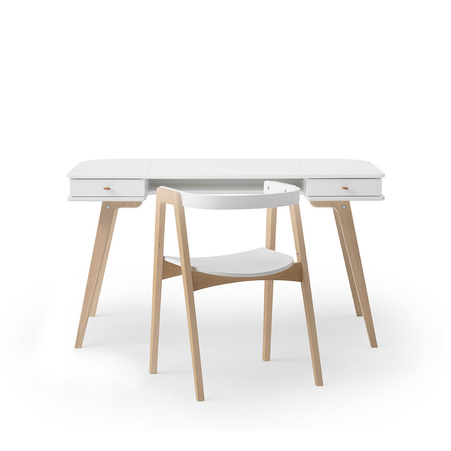 White desk with wooden legs and a chair on a white background