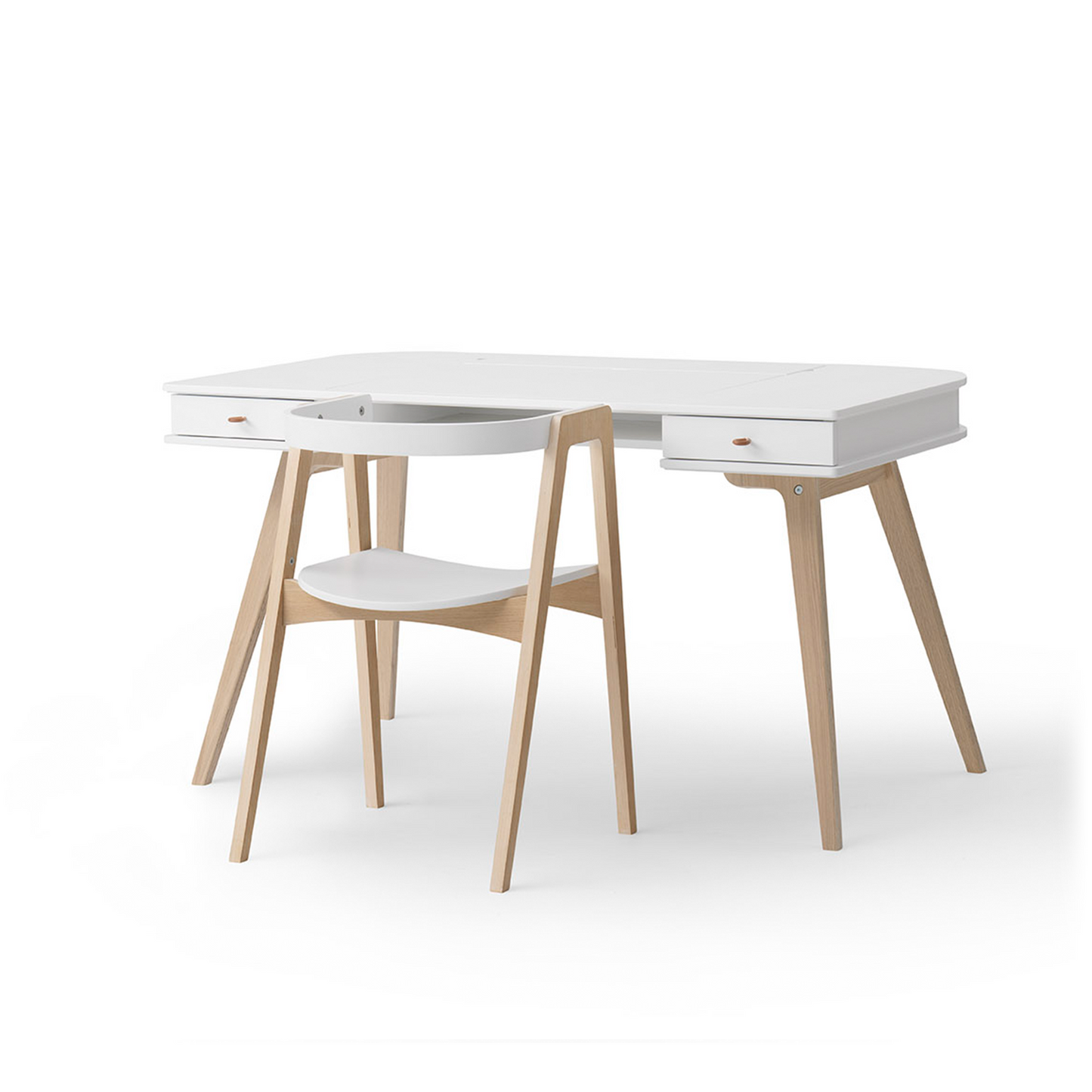 White desk with wooden legs on a white background