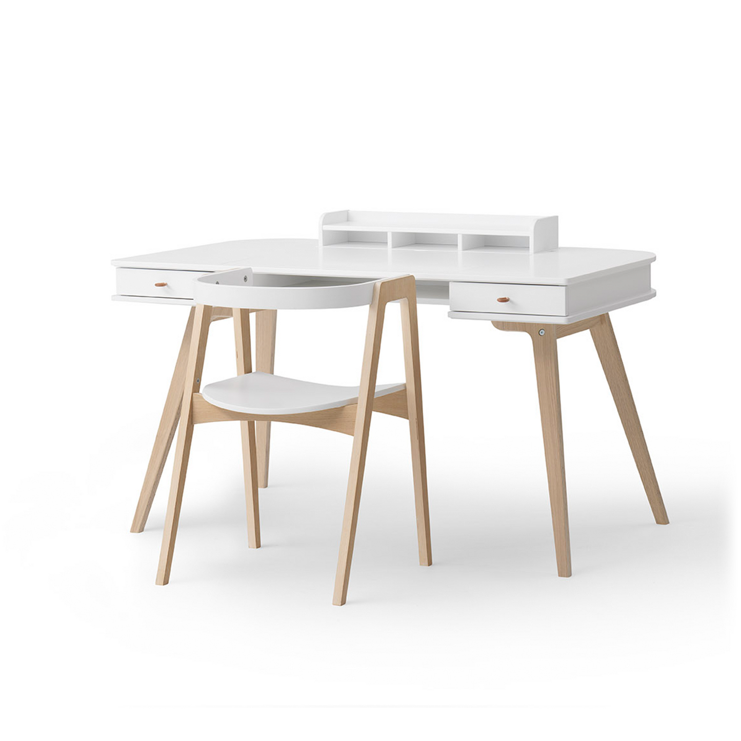 White desk with wooden legs on a white background