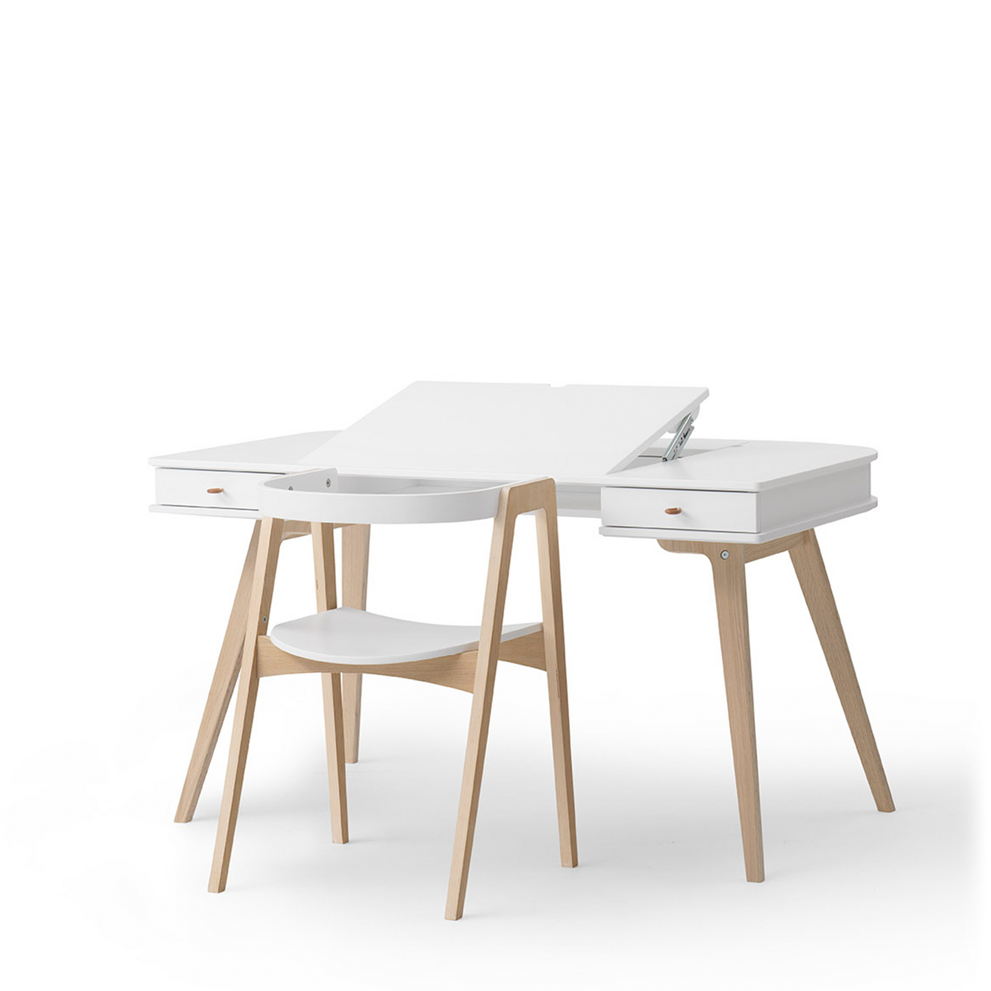 White desk with wooden legs on a white background