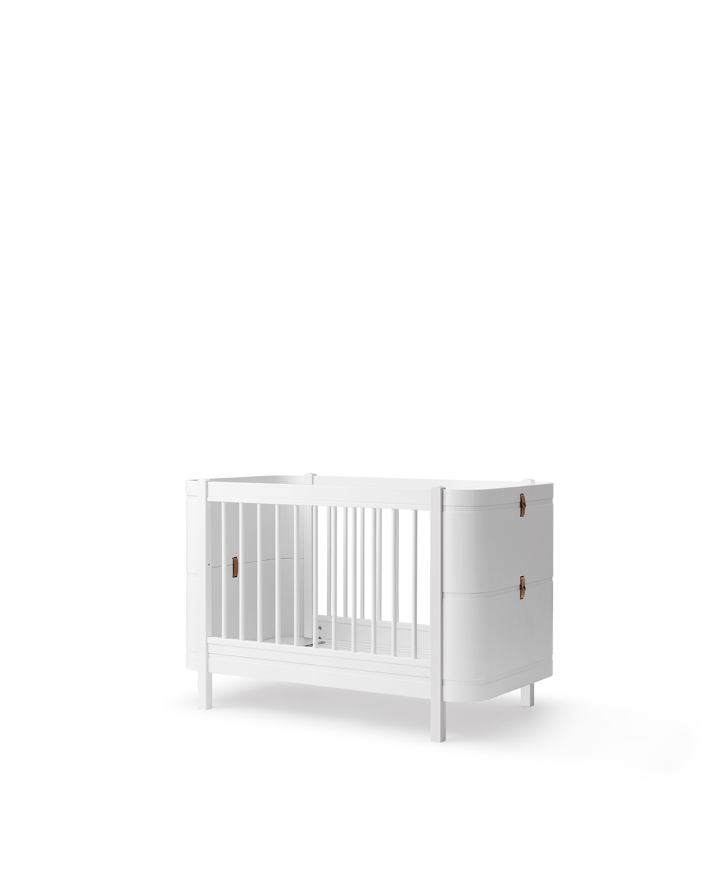 White crib with slatted design on a white background