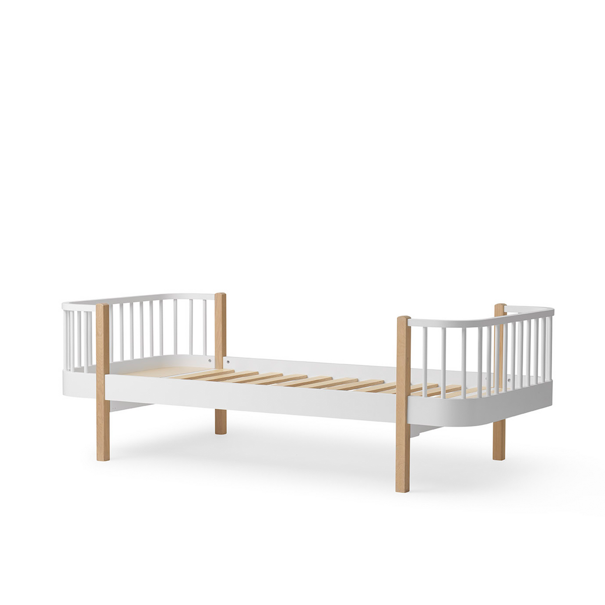 White crib with wooden sides on a white background
