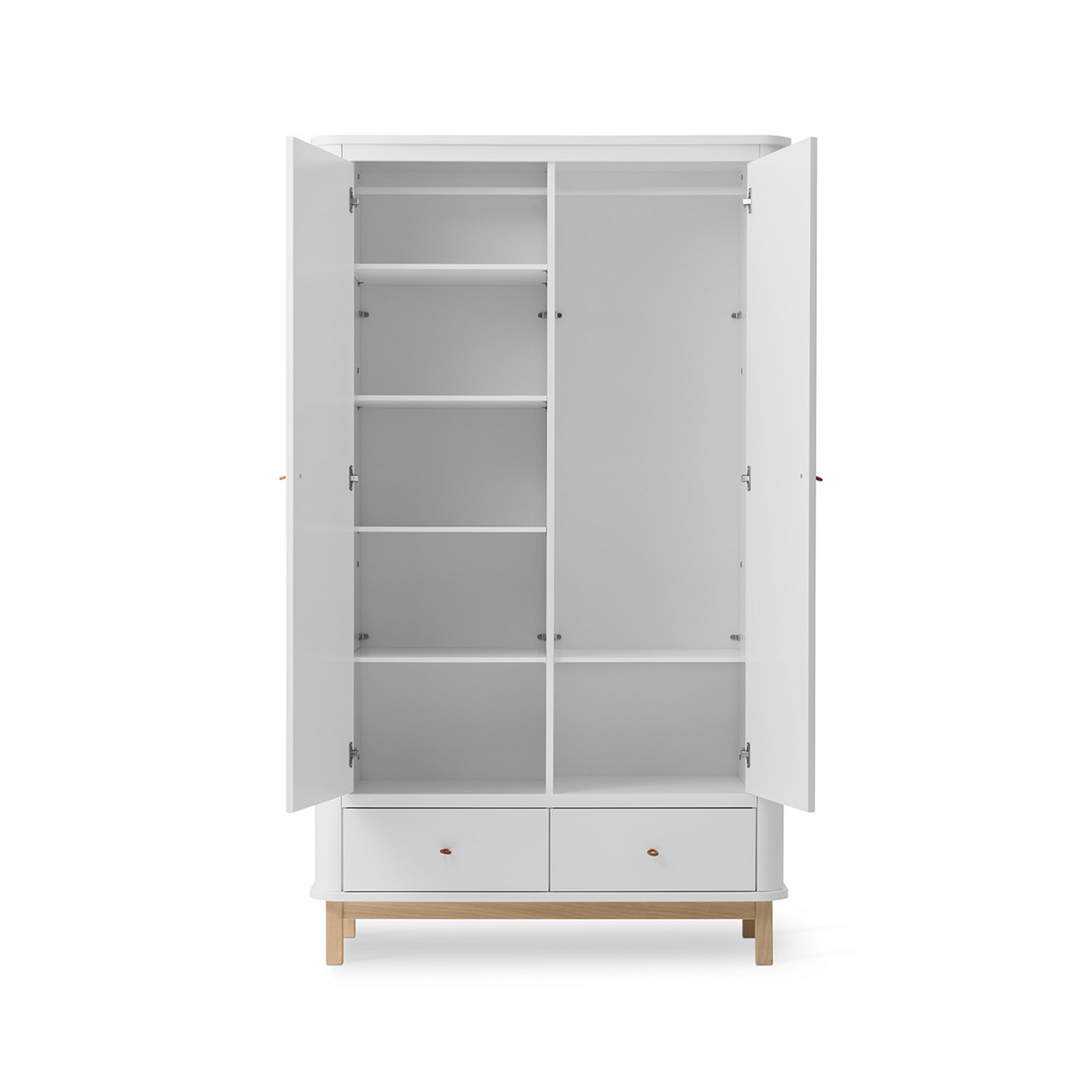 White wardrobe with glass doors and wooden base on a white background