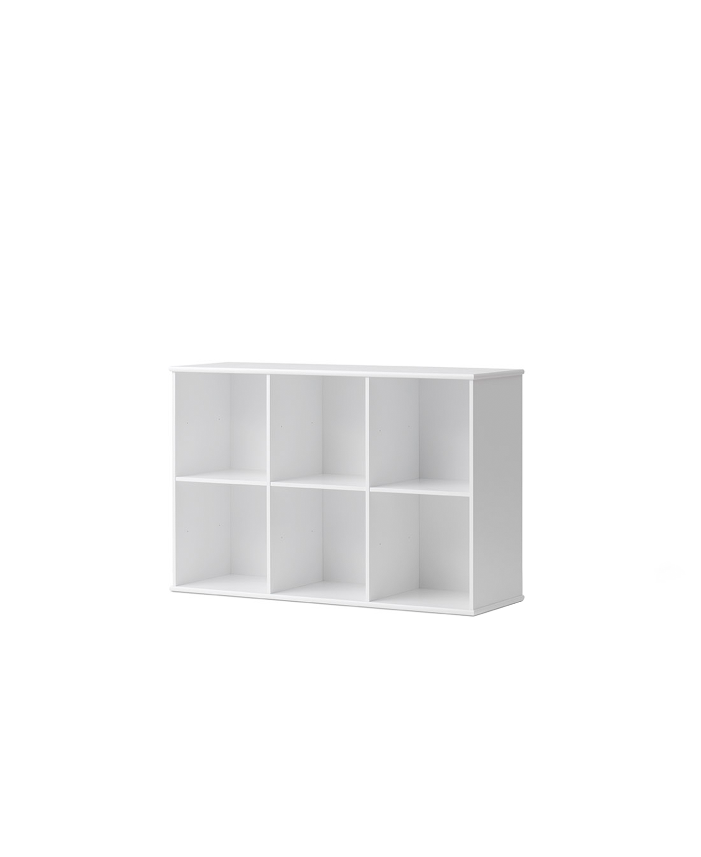 White bookshelf with six square compartments on a white background