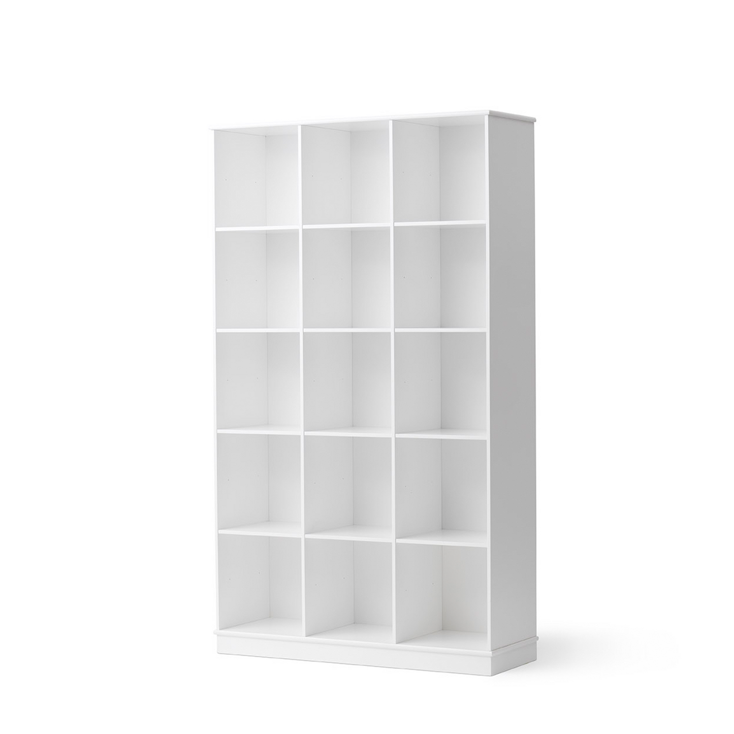 White bookshelf with multiple shelves on a white background