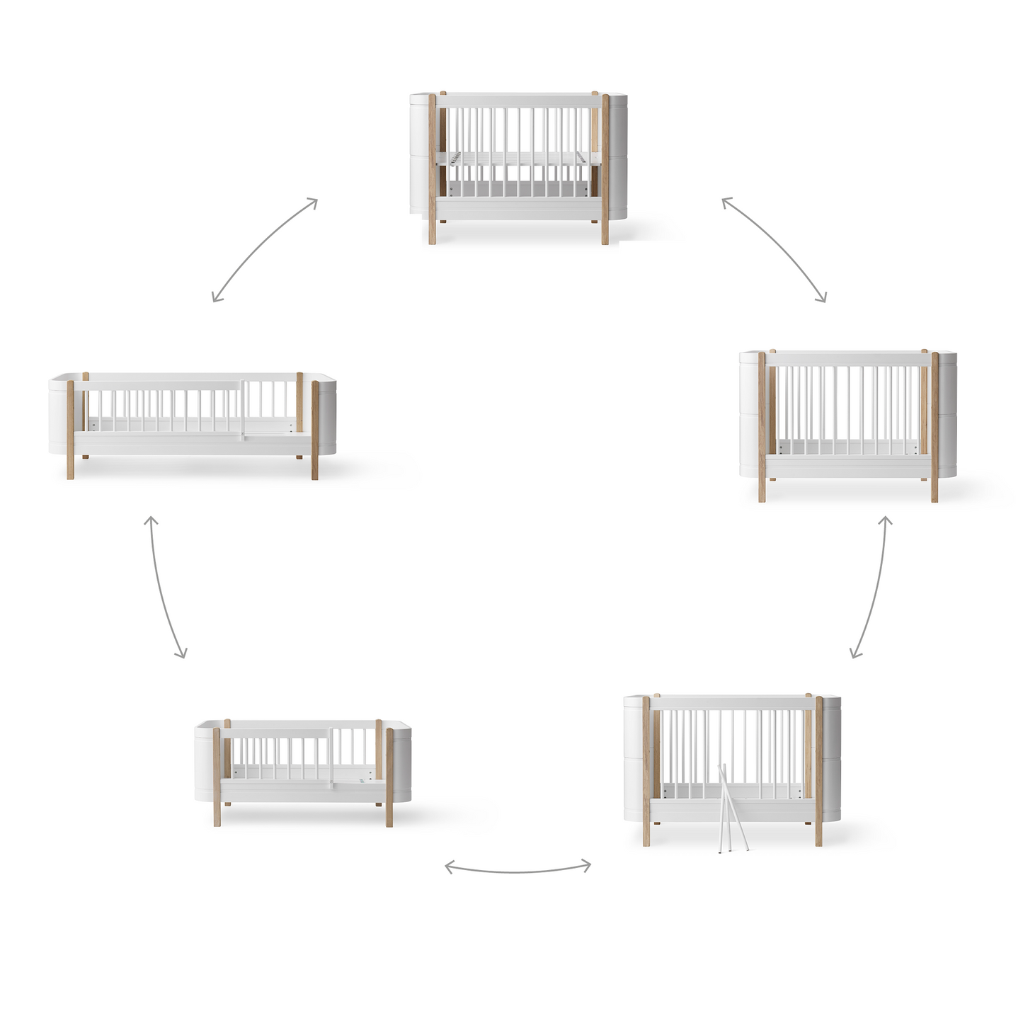 Set of five white and wood cribs arranged in a circular pattern on a white background