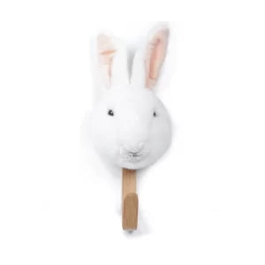 White rabbit-shaped object on a stick against a white background