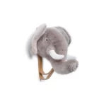 Plush elephant toy with a white hat on a plain background