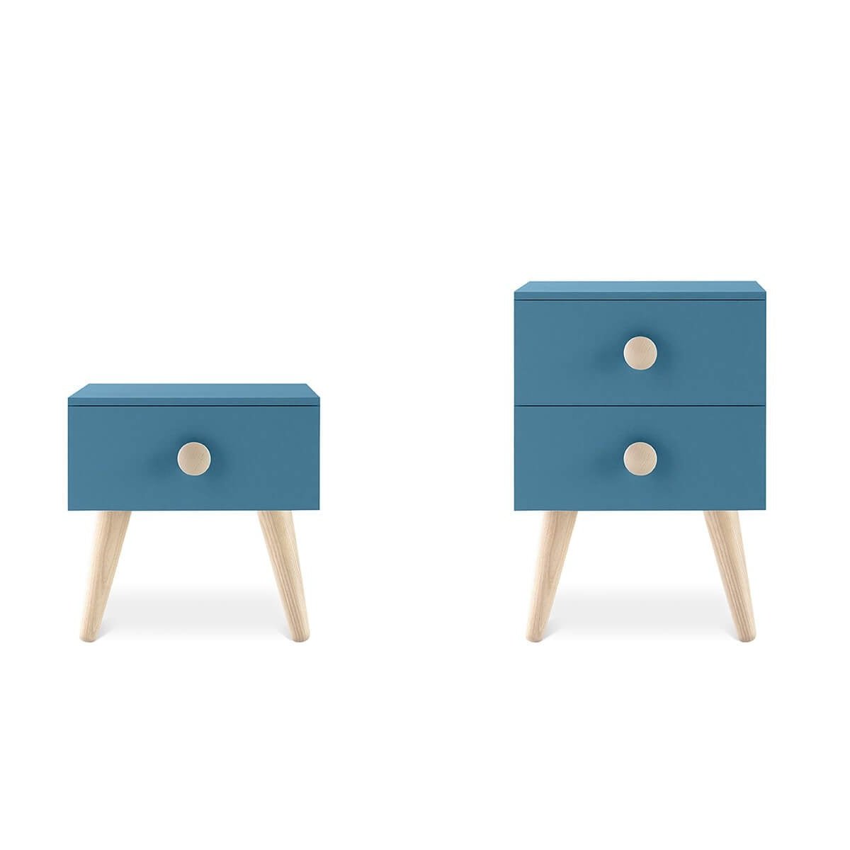 Two kids blue nightstands with wooden legs on a white background by Nidi
