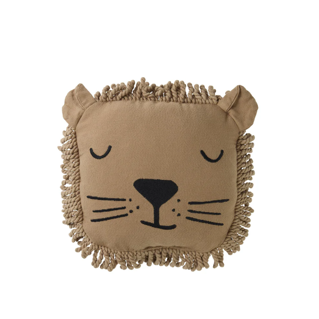 Cushion shaped like a lion face with tassels on a white background