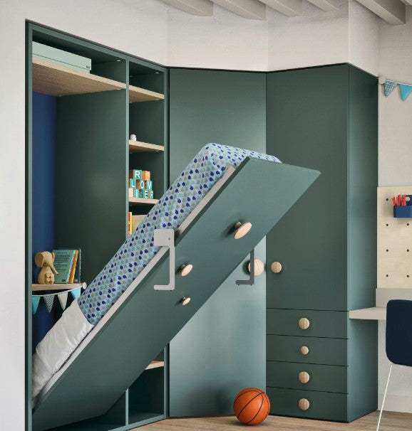 Kids Single Wall Bed in Green with woody Handles