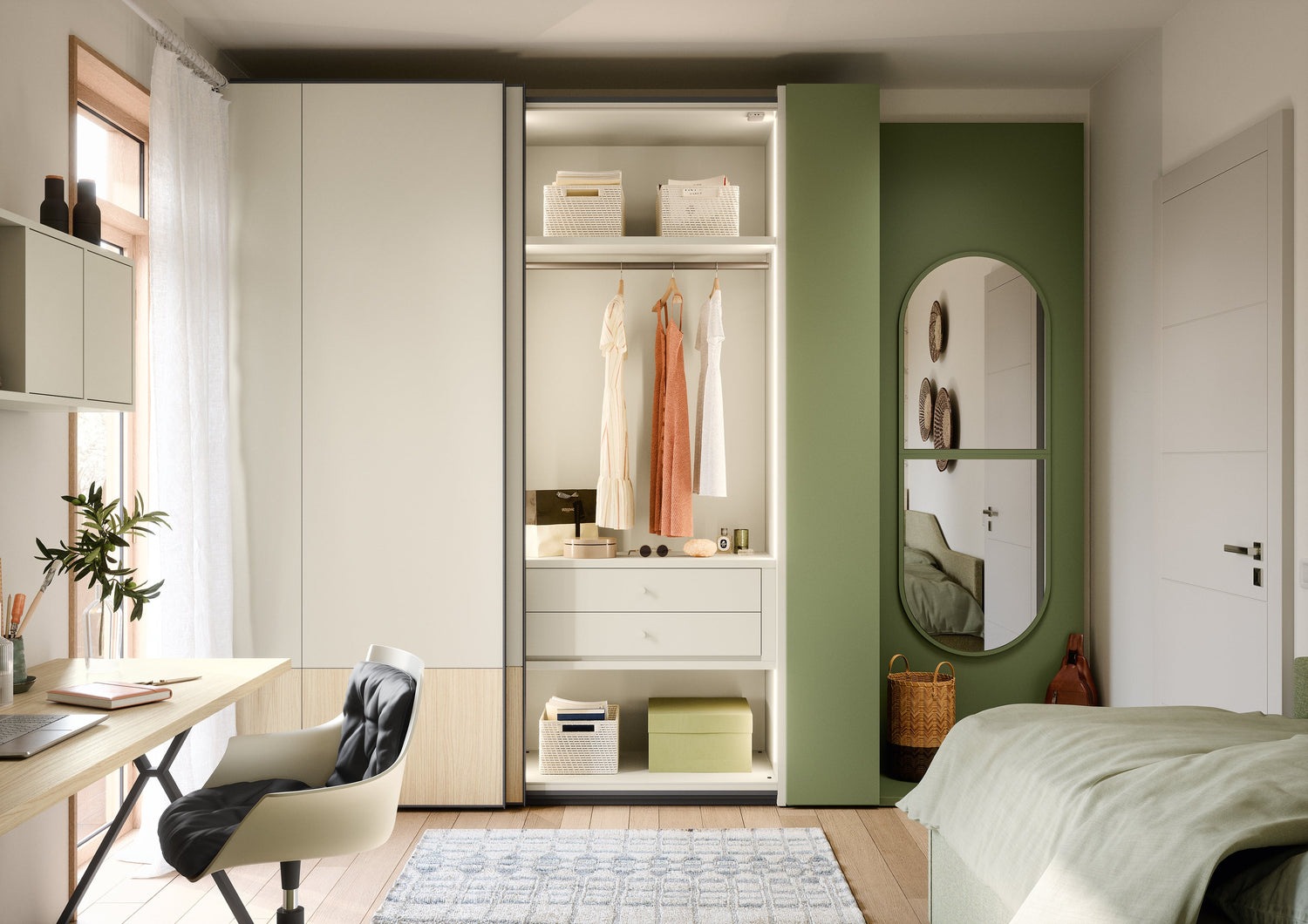 Kids sliding wardrobe in green with internal lighting and drawers