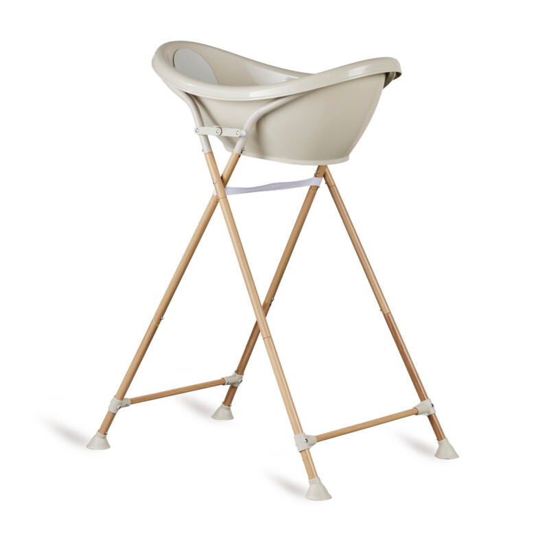 Baby Folding Bath in white with a wood stand
