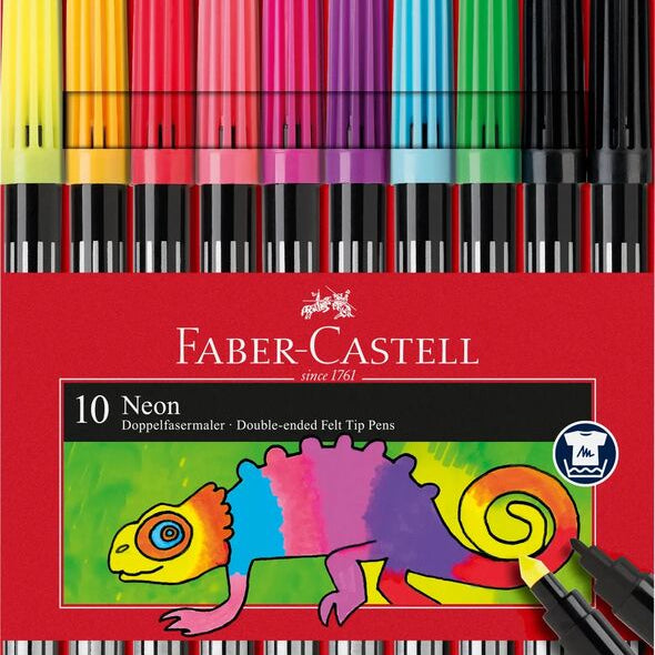 Faber-Castell neon double-ended felt-tip pens set with colorful markers and branding.