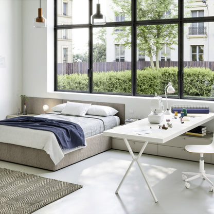 Nidi teen bedroom with double bed, large study desk and built-in storage
