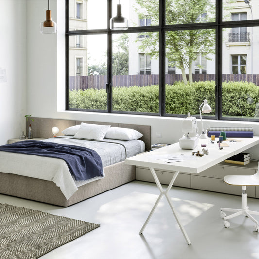 Nidi teen bedroom with double bed, large study desk and built-in storage