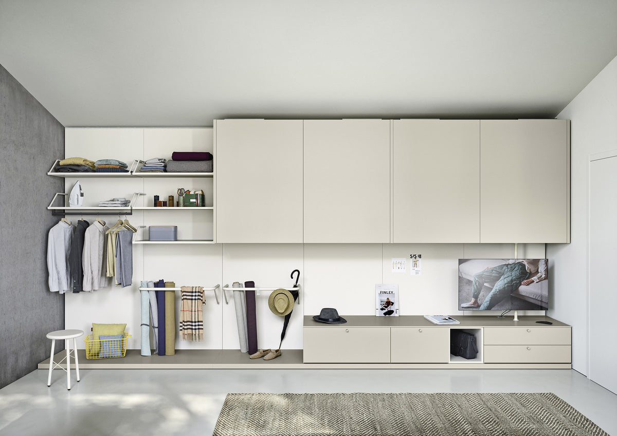 Nidi teen bedroom fitted storage wall with wardrobes, drawers and open clothes storage