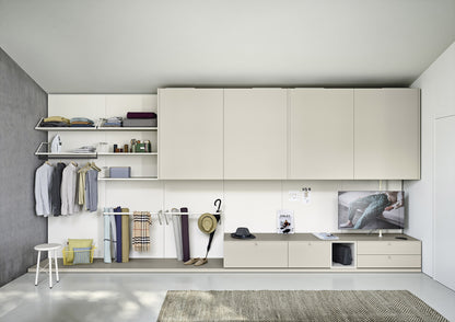 Nidi teen bedroom fitted storage wall with wardrobes, drawers and open clothes storage