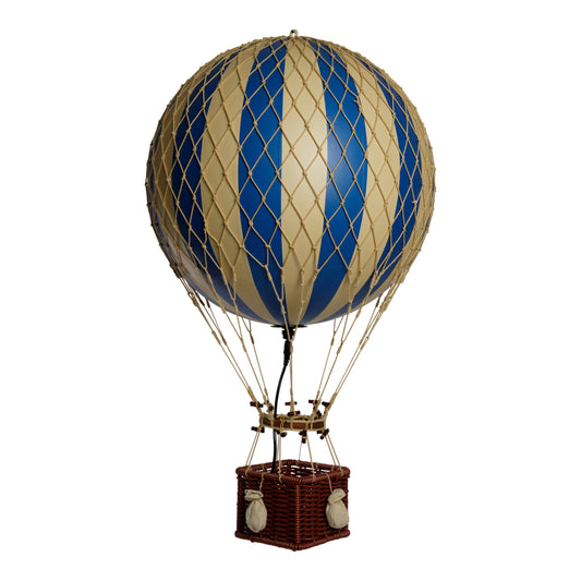 Hot air balloon with blue and beige striped envelope on a white background