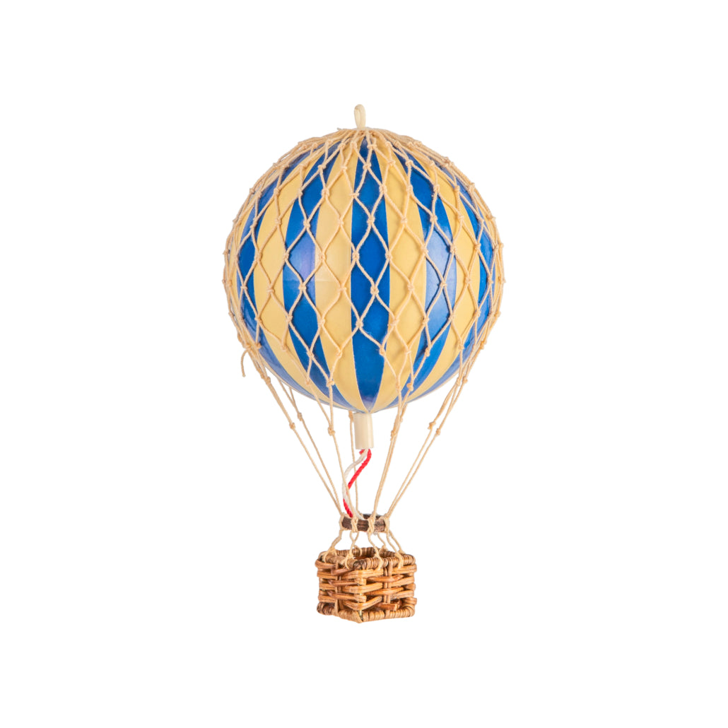 Blue and gold hot air balloon model on a white background