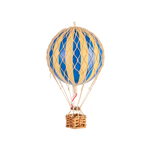 Blue and gold hot air balloon model on a white background
