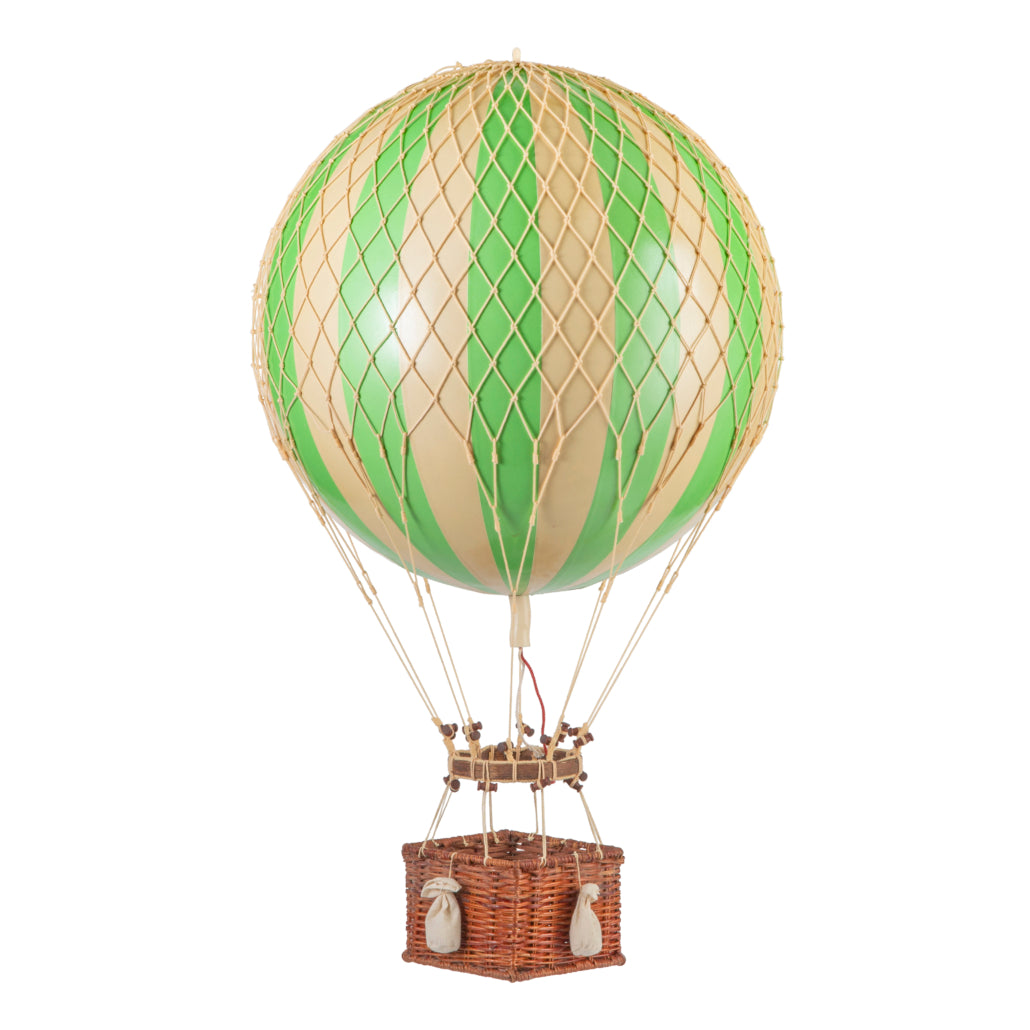 Green and beige hot air balloon with a wicker basket on a white background