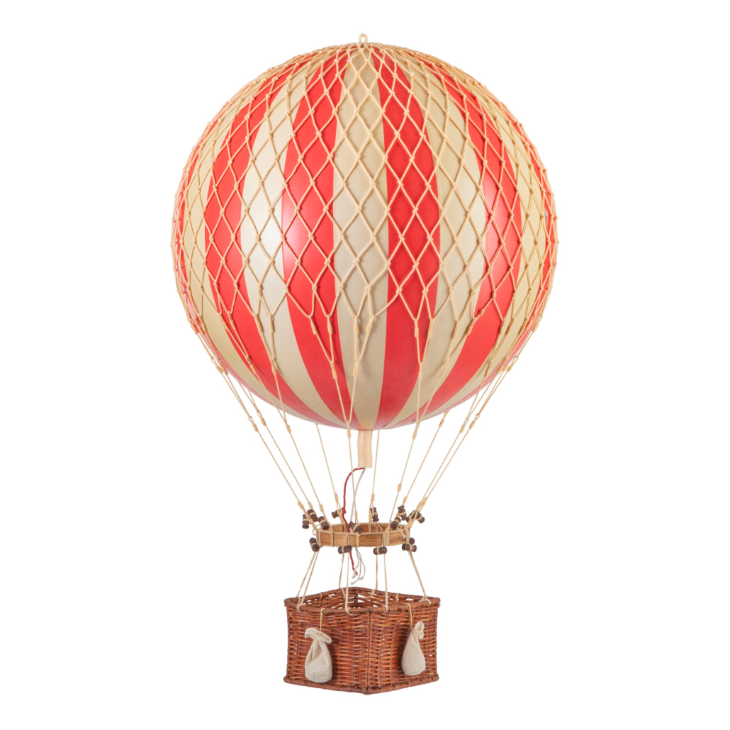 Red and beige striped hot air balloon with a wicker basket on a white background