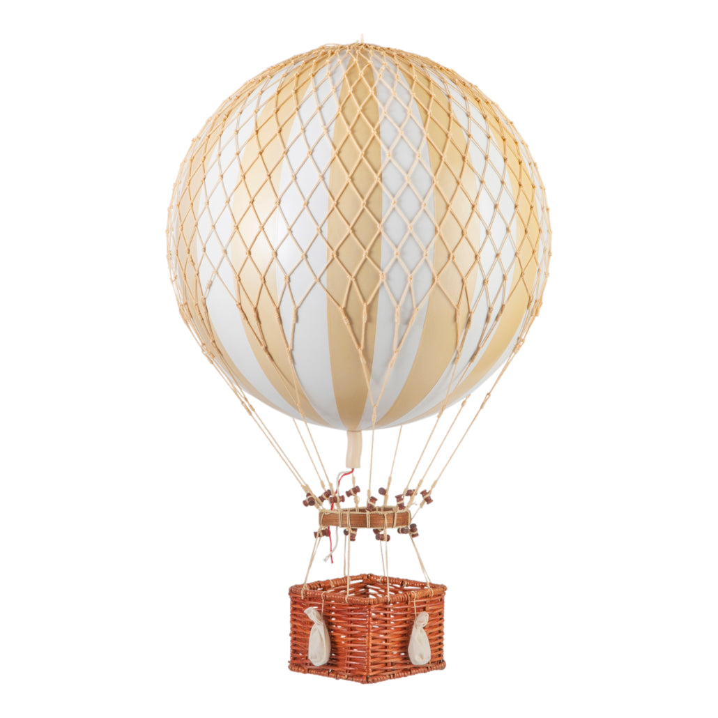 Hot air balloon with beige and white striped balloon and wicker basket on a white background
