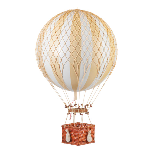 Hot air balloon with beige and white striped balloon and wicker basket on a white background