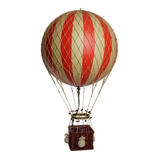 Hot air balloon with red and beige striped balloon and brown basket on a white background