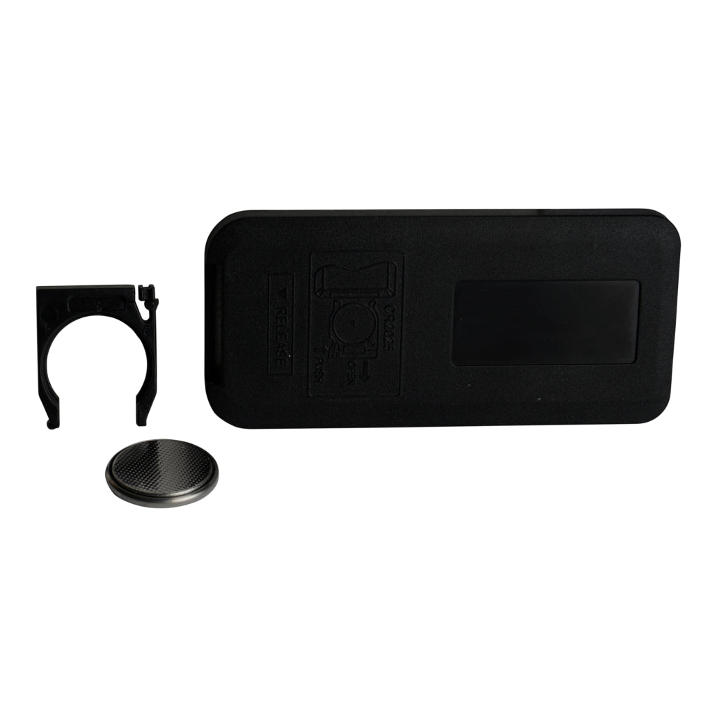Black car mat with a clip and round object on a white background