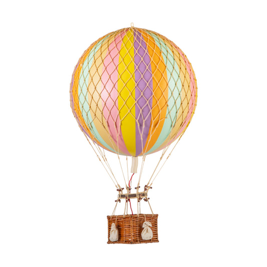Colorful hot air balloon with a wicker basket on a white background