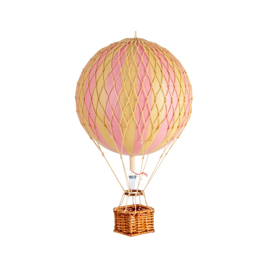 Hot air balloon model with pink and yellow design on a white background