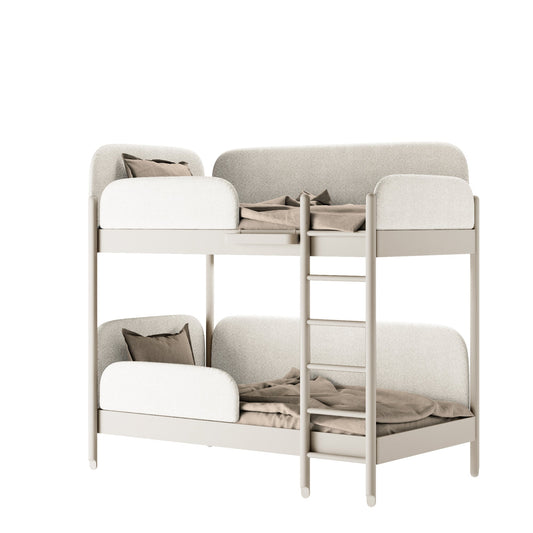 Beige bunk bed with white accents on a white background