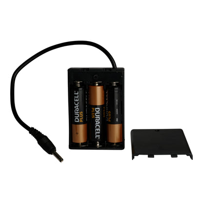 Battery holder with Duracell batteries and a black cable on a white background