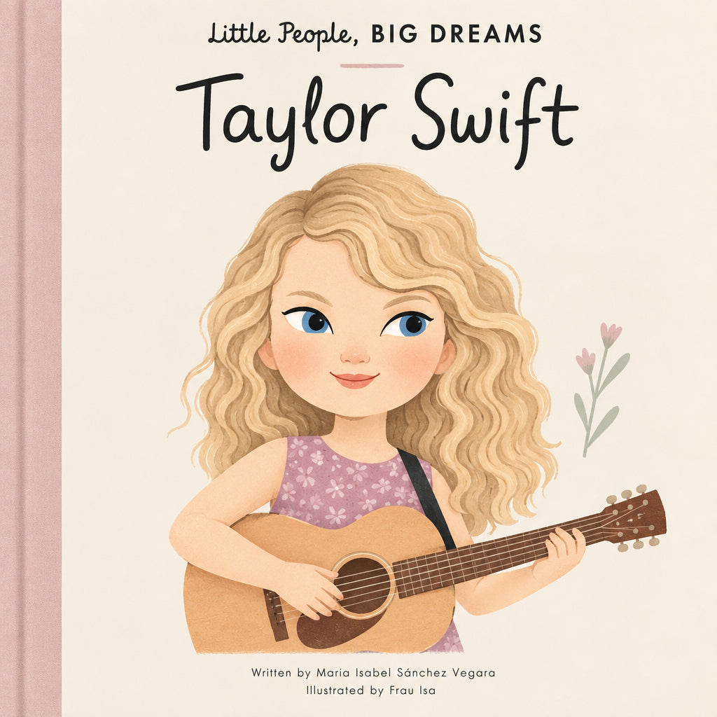 Book Illustration of a girl with a guitar on a purple background with 'Taylor Swift' text.