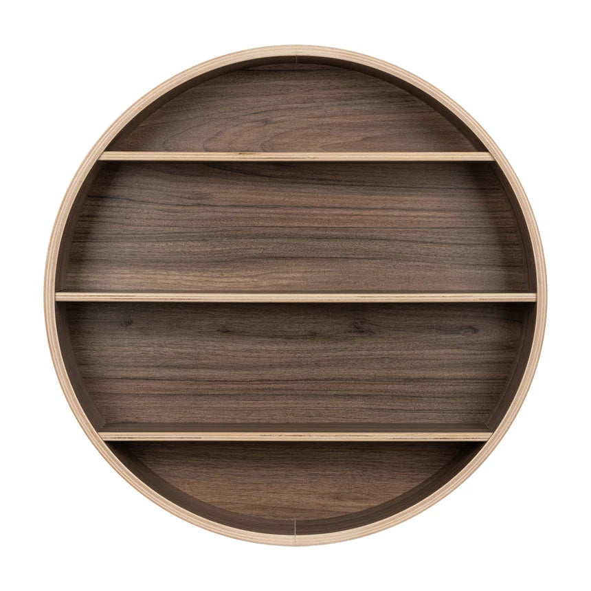 Round wooden wall shelf with three horizontal dividers, shown from a top-down view on a white background.