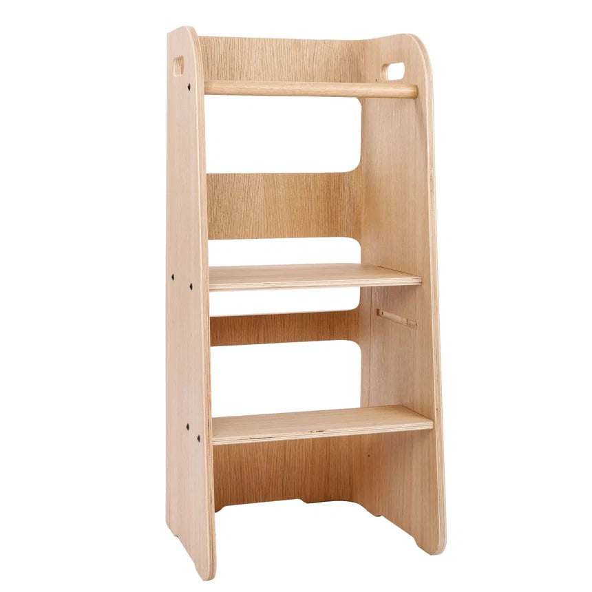 Wooden bookshelf with multiple shelves on a white background