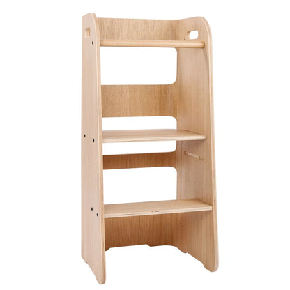 Wooden bookshelf with multiple shelves on a white background