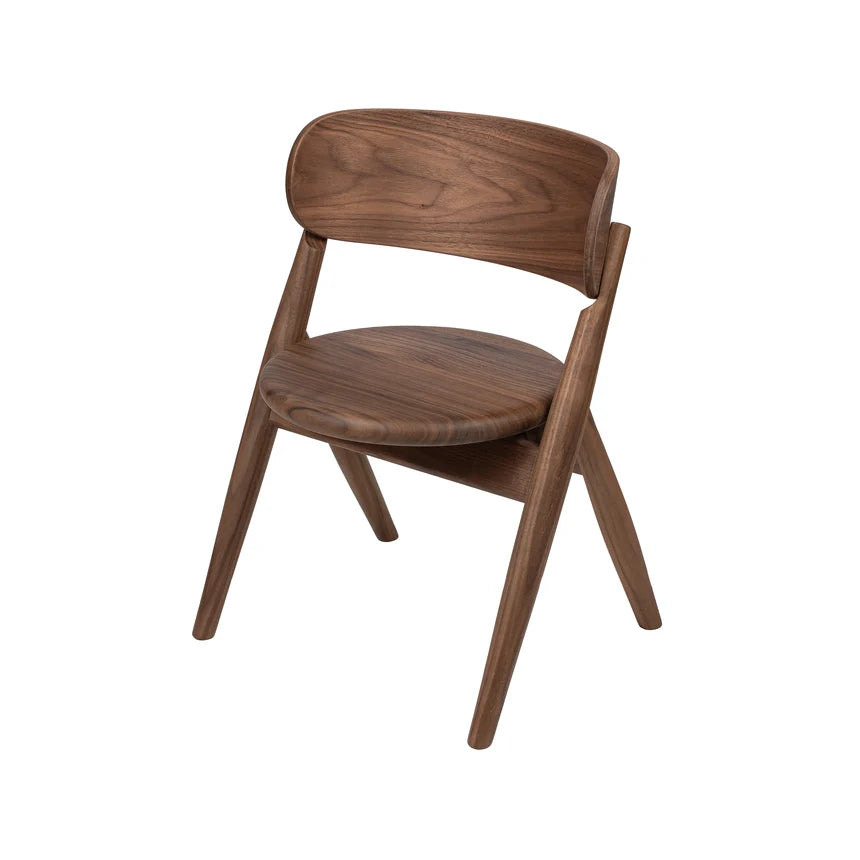 A mid-century modern kids wooden dining chair with a curved backrest, circular seat, and angled splayed legs, shown on a solid white background.