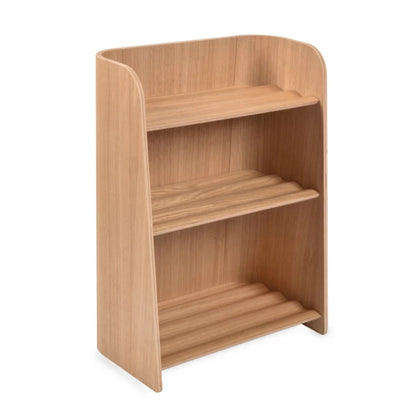 Wooden bookshelf with three shelves on a white background