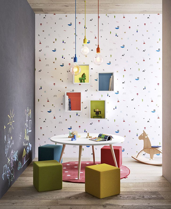 Children's playroom with colorful furniture and wall decorations