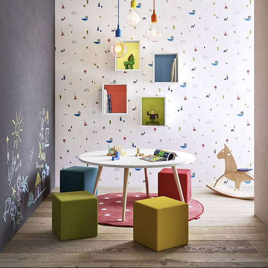 Children's playroom with colorful furniture and wall decorations