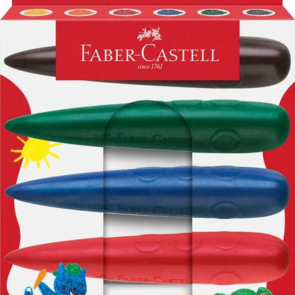 Faber-Castell erasable crayons in red, green, blue, and orange packaging.